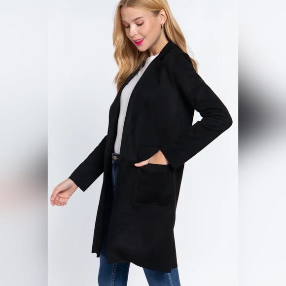 Elegant Black Women's Long Sleeve Open Front Faux Suede Jacket - Picture 2 of 4